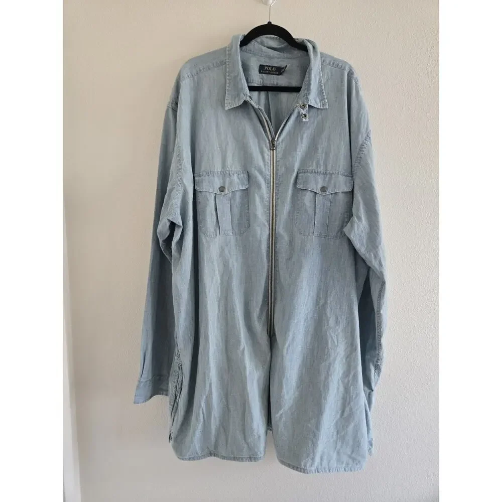Polo Ralph Lauren Blue Chambray Shirt Jacket 3XLT Full Zip Clean Boy Old Money